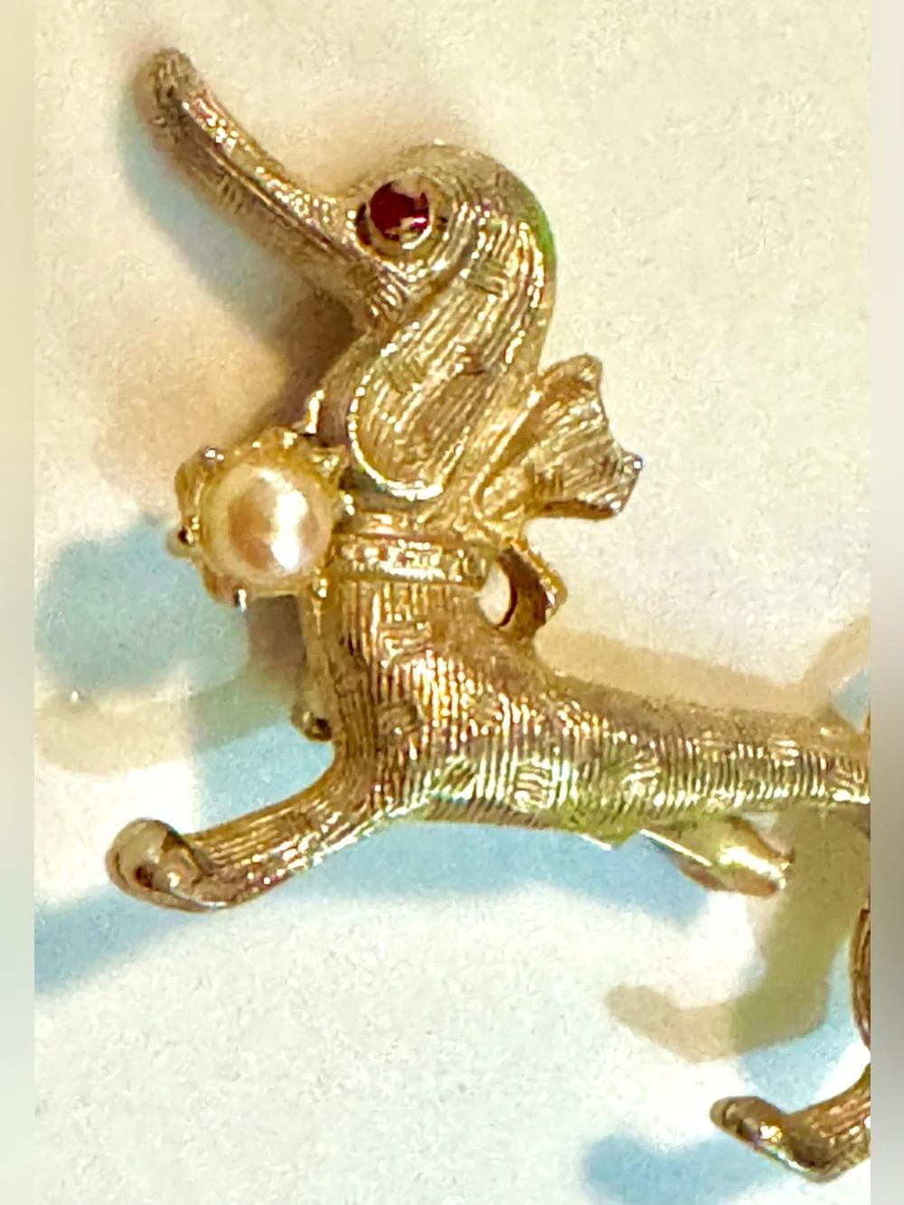 Vintage Gold Dachshund Dog Pin with Red Stone and Pearl